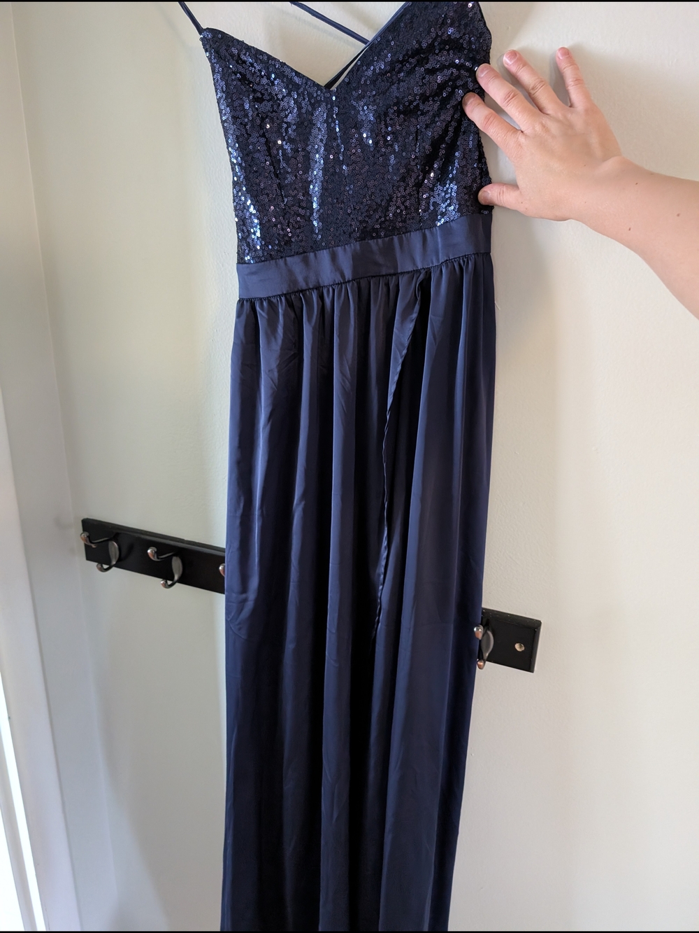 Navy Sequin Bodice Spaghetti Strap Open Back Dress